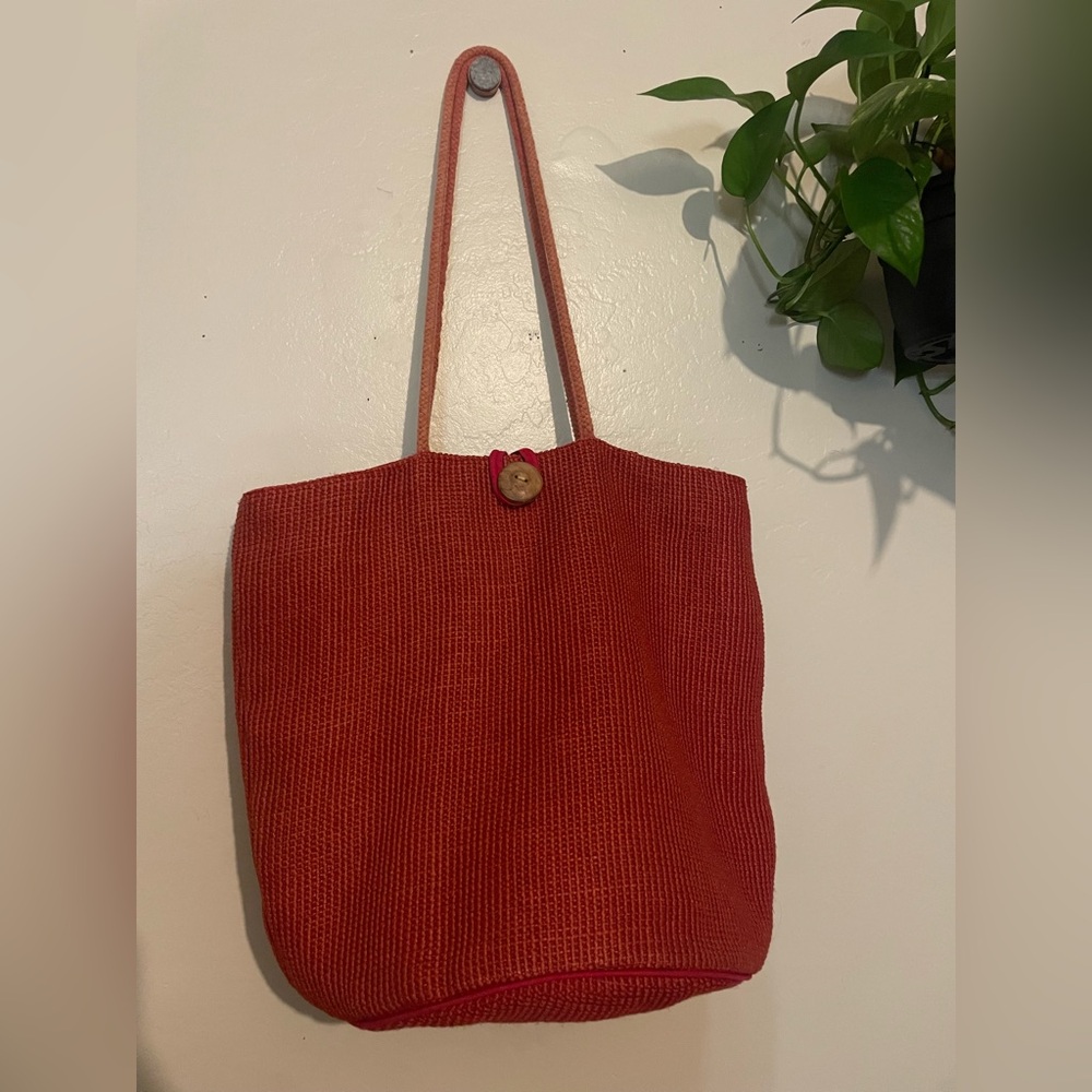 World Market Jute Cotton Bucket Shoulder Tote Bag Purse Large Red